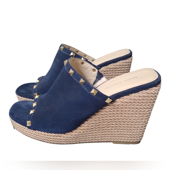 Marc Fisher Shoes - MARC FISHER SANDAL WOMENS 11M ZYME SLIDE CHUNKY WOVEN WEDGE OPEN TOE BLUE SUEDE